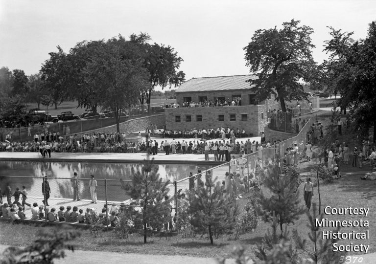 The Highland Pool was one of several notable facilities established in Highland Park by the end of the Great Depression, before residential development had hit its stride. Others included the Edyth Bush Little Theater and the Highland Theatre. Courtesy Minnesota Historical Society
